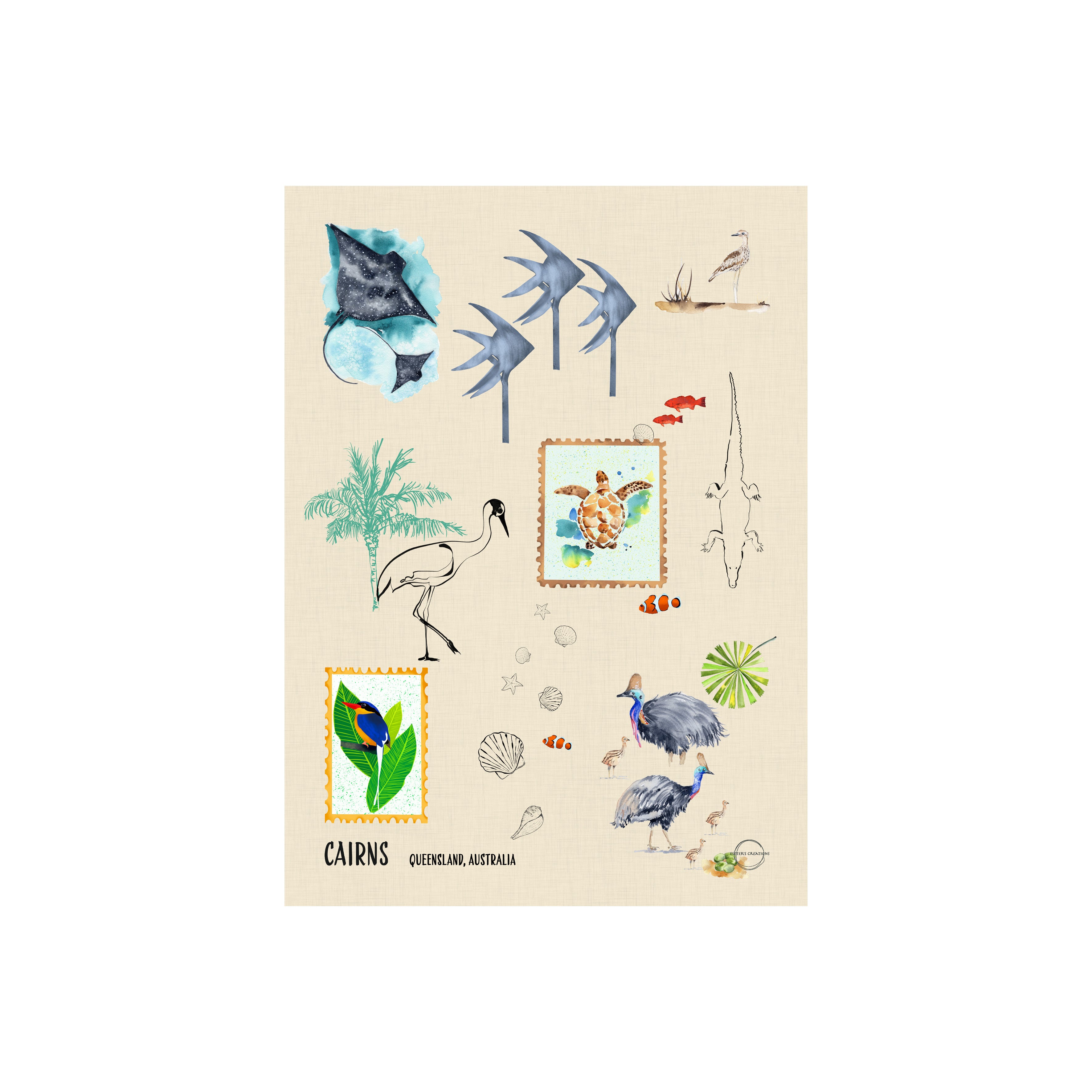 Cairns tea towel featuring tropical Australian watercolour artwork like cassowary, curlew, crocodile, kingfisher, turtle, reef, fish by Eszter Torok
