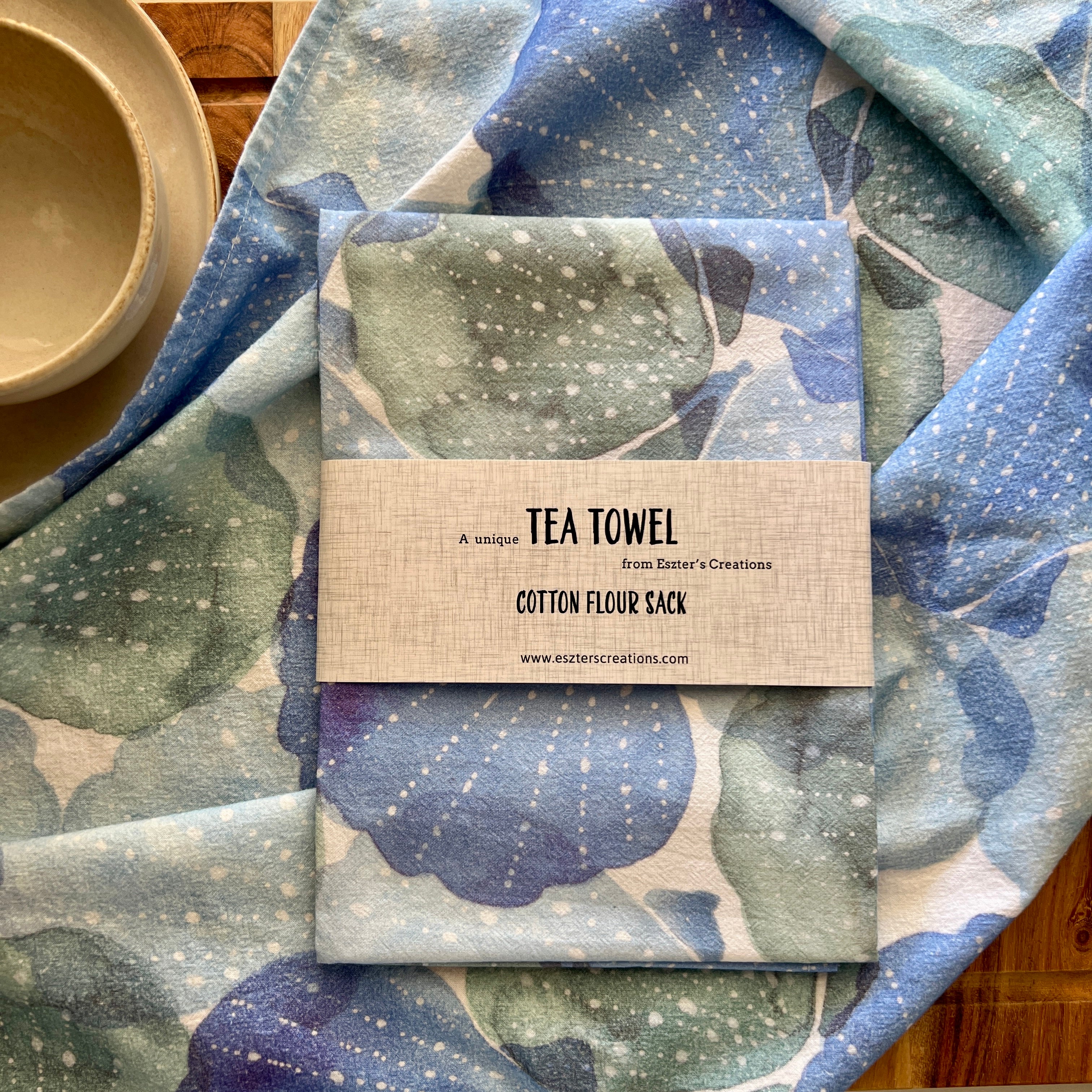 Cotton teatowel with watercolour shells in blue made by eszter's creations