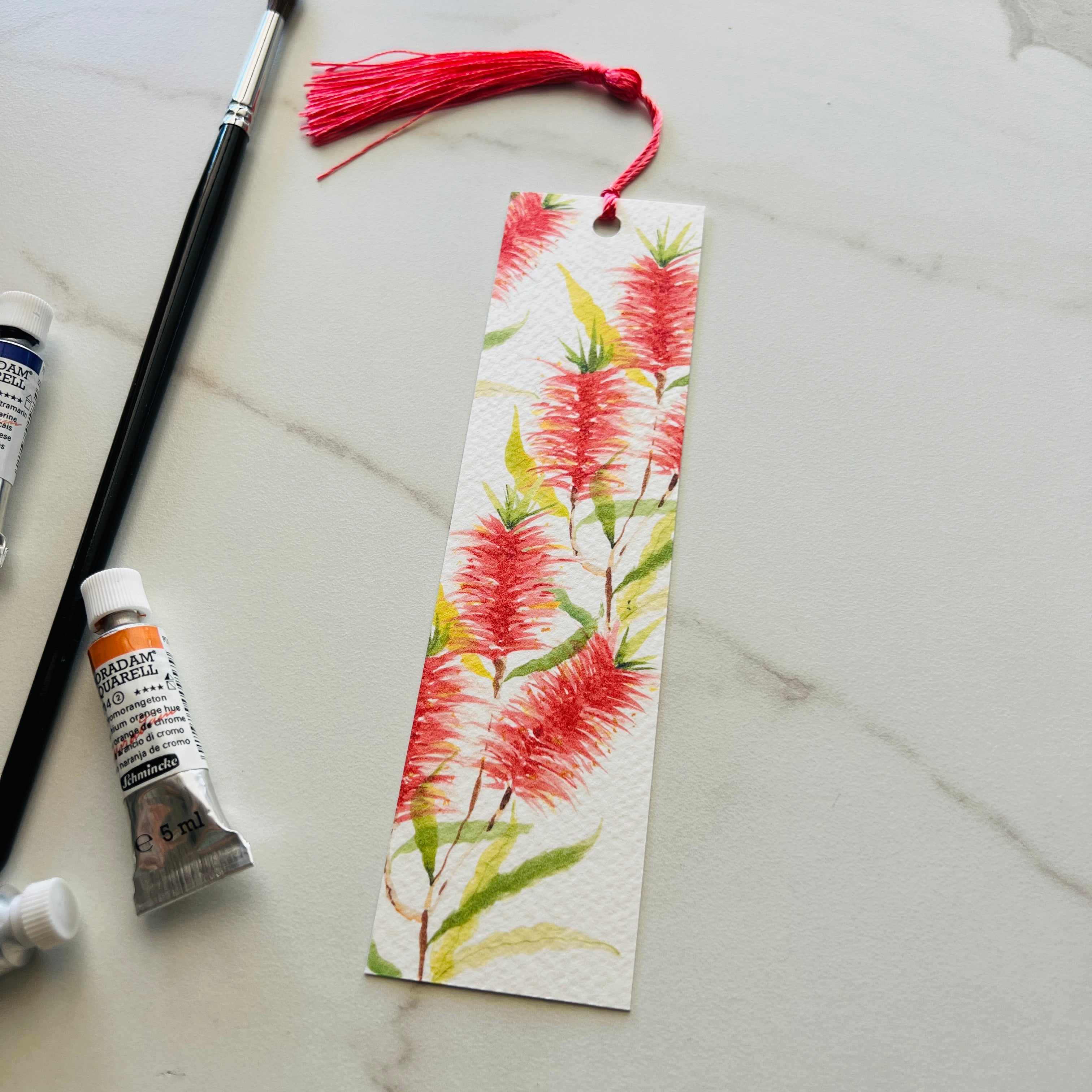 watercolour bookmark featuring australian native flower bottlebrush