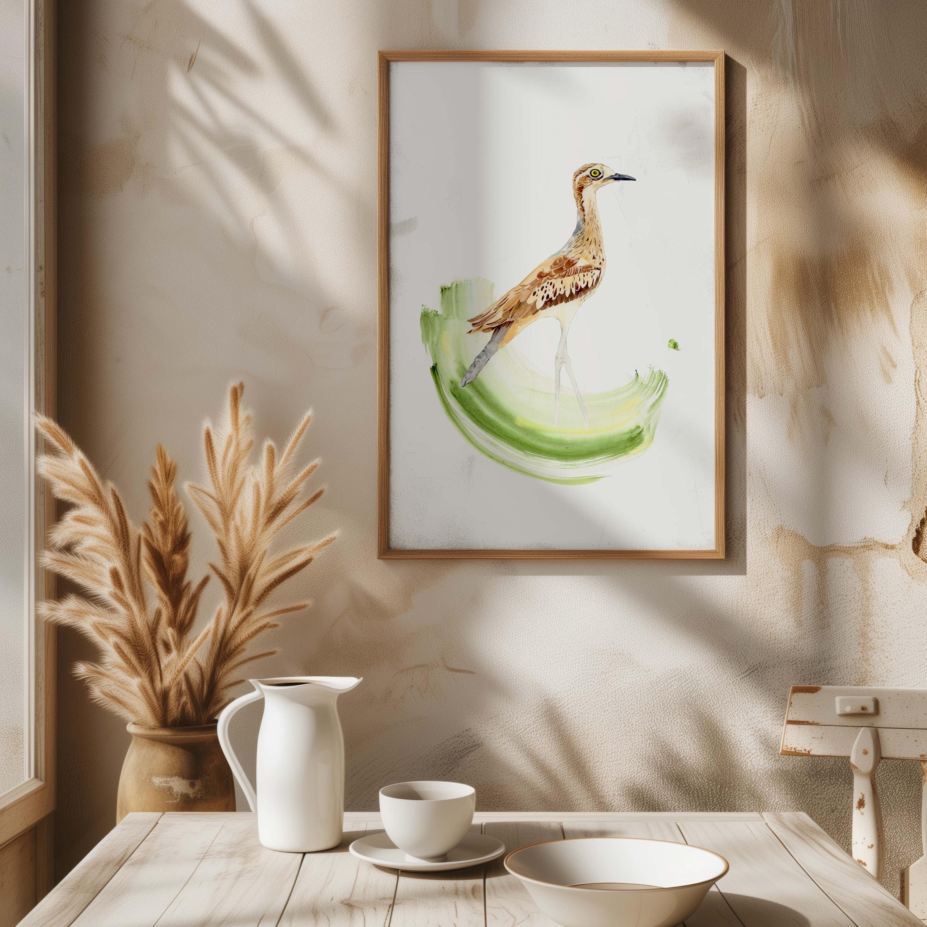 watercolour painting of a curlew hanging on a wall framed
