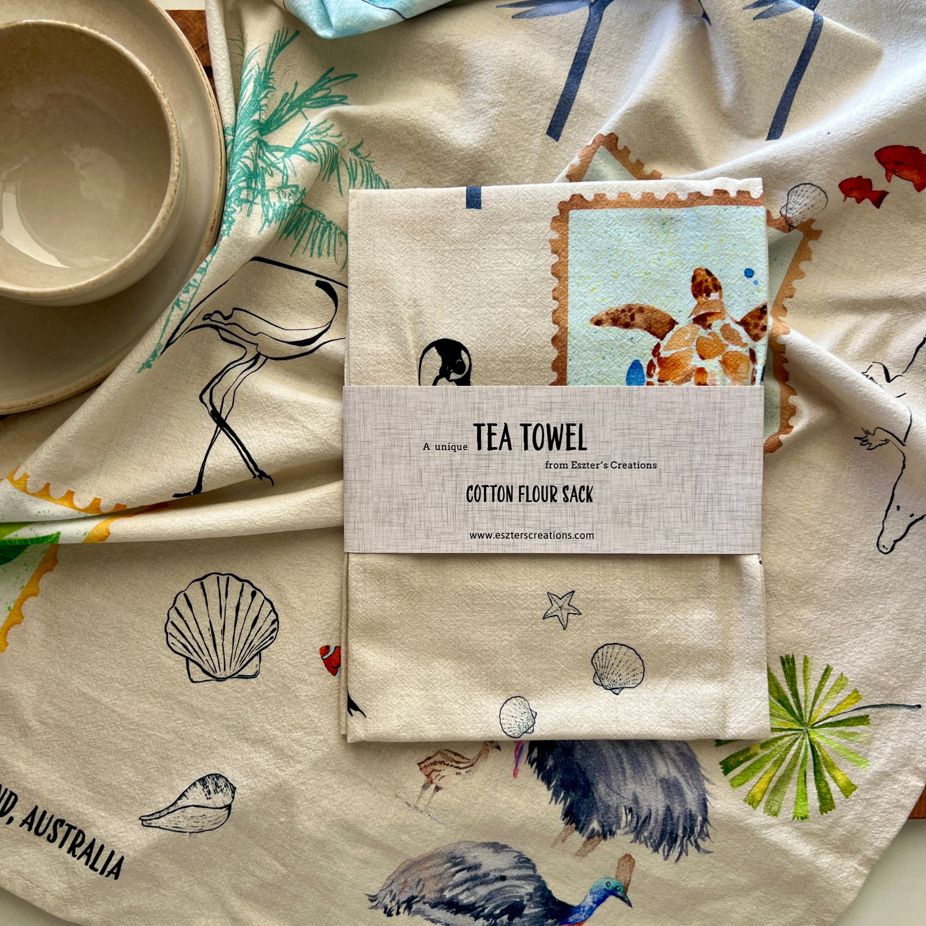 Cairns tea towel featuring tropical North Queensland inspired watercolour artwork.