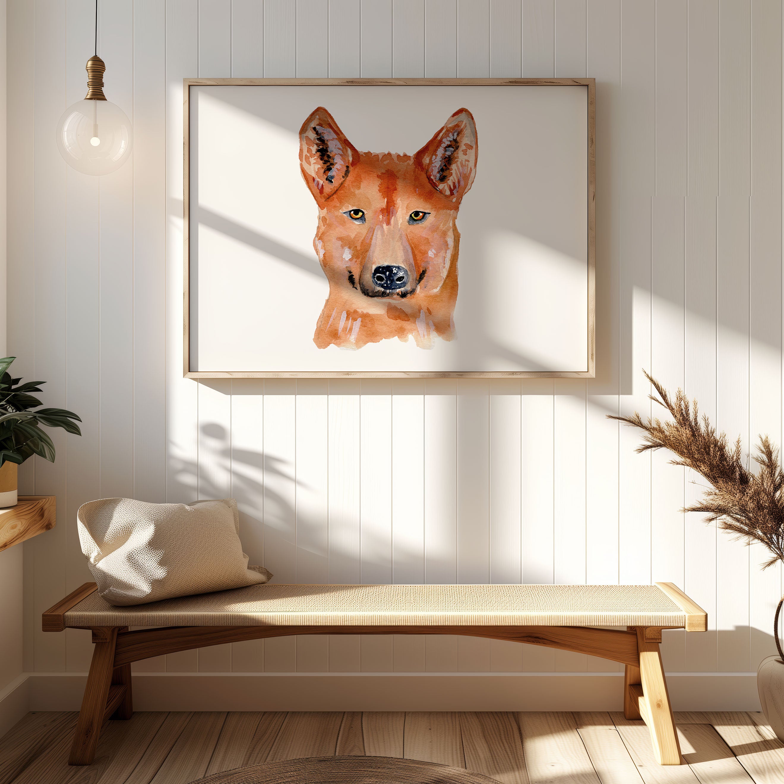 Watercolour dingo painting hanging on wall