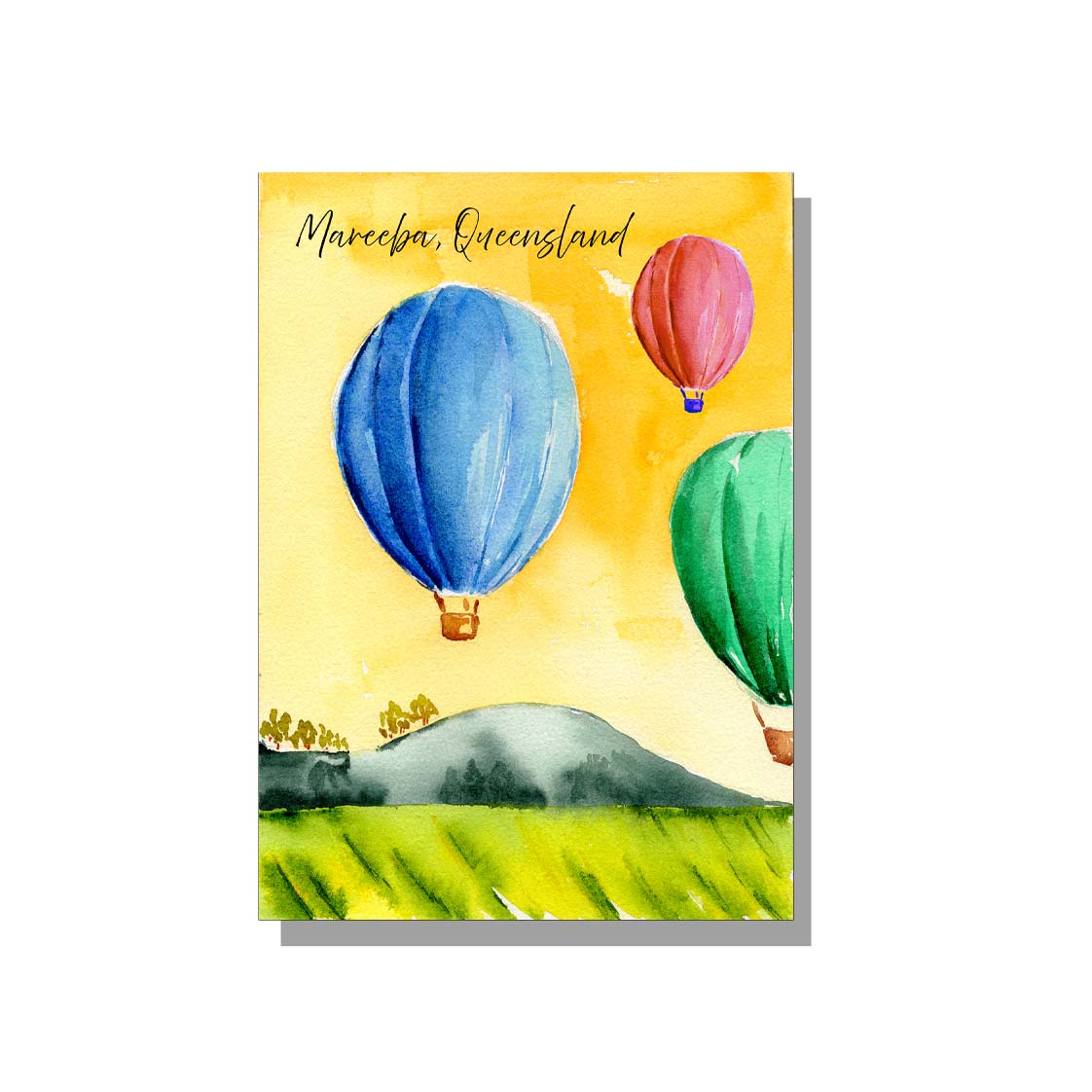postcard featuring hot air balloons rising above the hills of atherton tablelands, created in watercolors by local artist. mareeba postcard