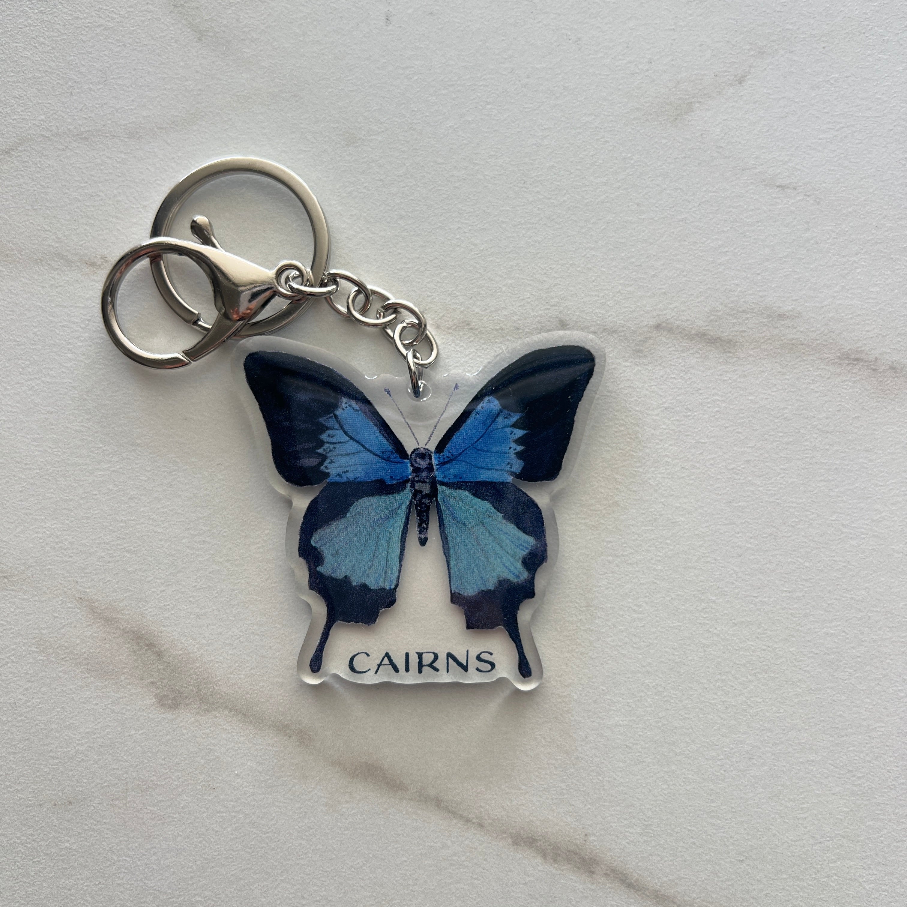 ulyesses blue butterfly keyring with writing Cairns