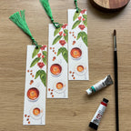 Bookmarks showing fresh coffee in cup, coffee plant, coffee beans painted by Tablelands artist