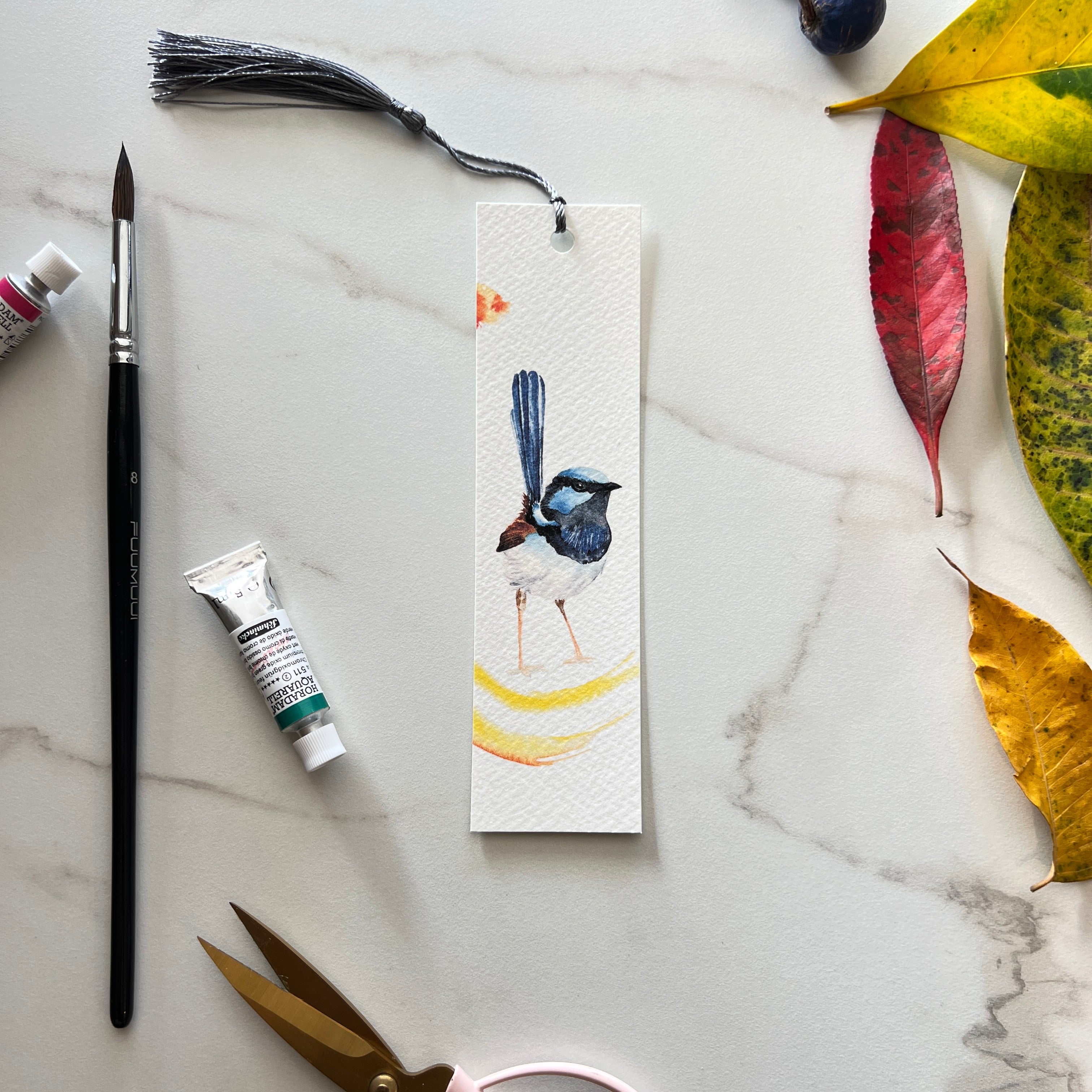 australian bird bookmark featuring blue wren in watercolors by eszter's creations