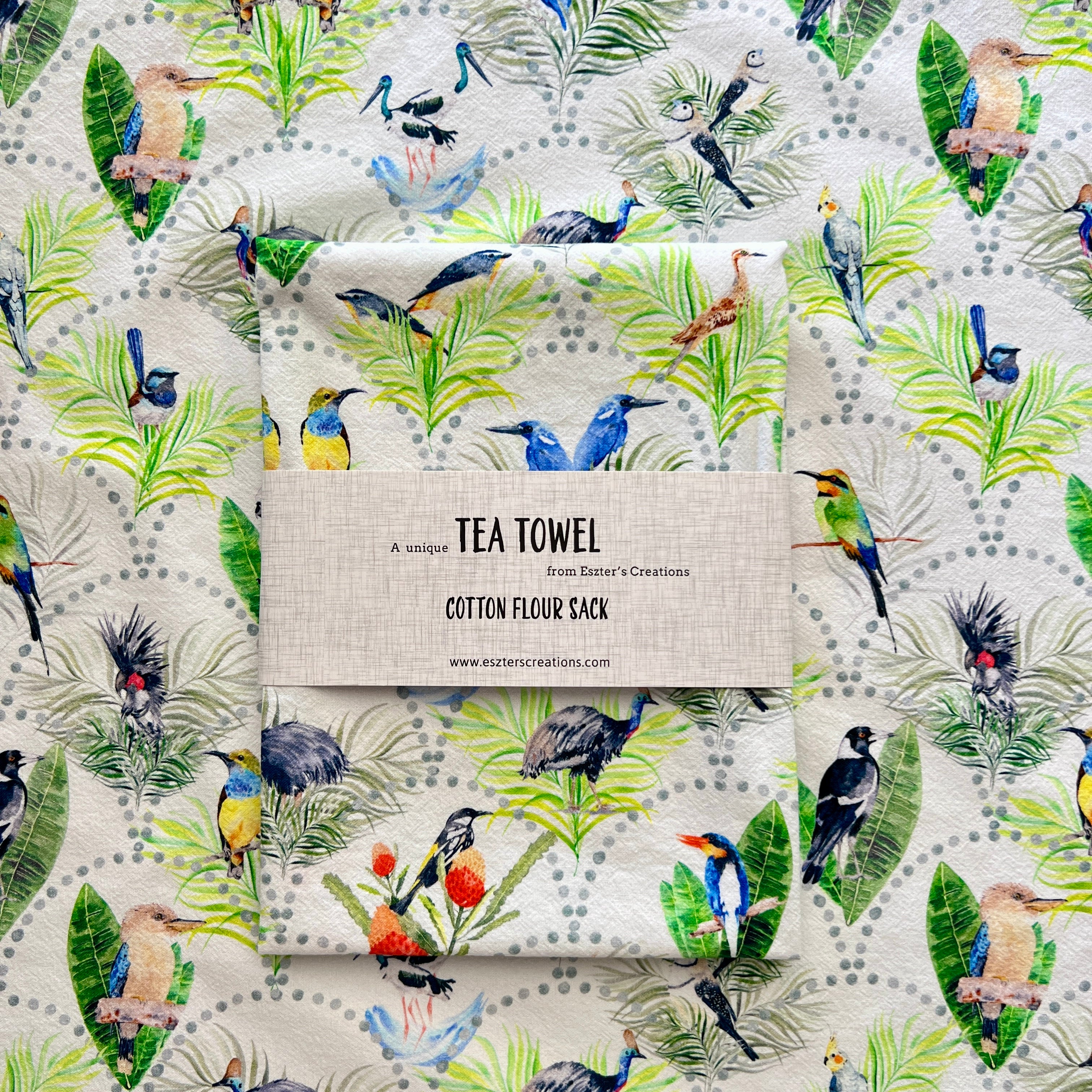 Gorgeous handpainted cotton teatowel featuring 17 different Australian bird species.