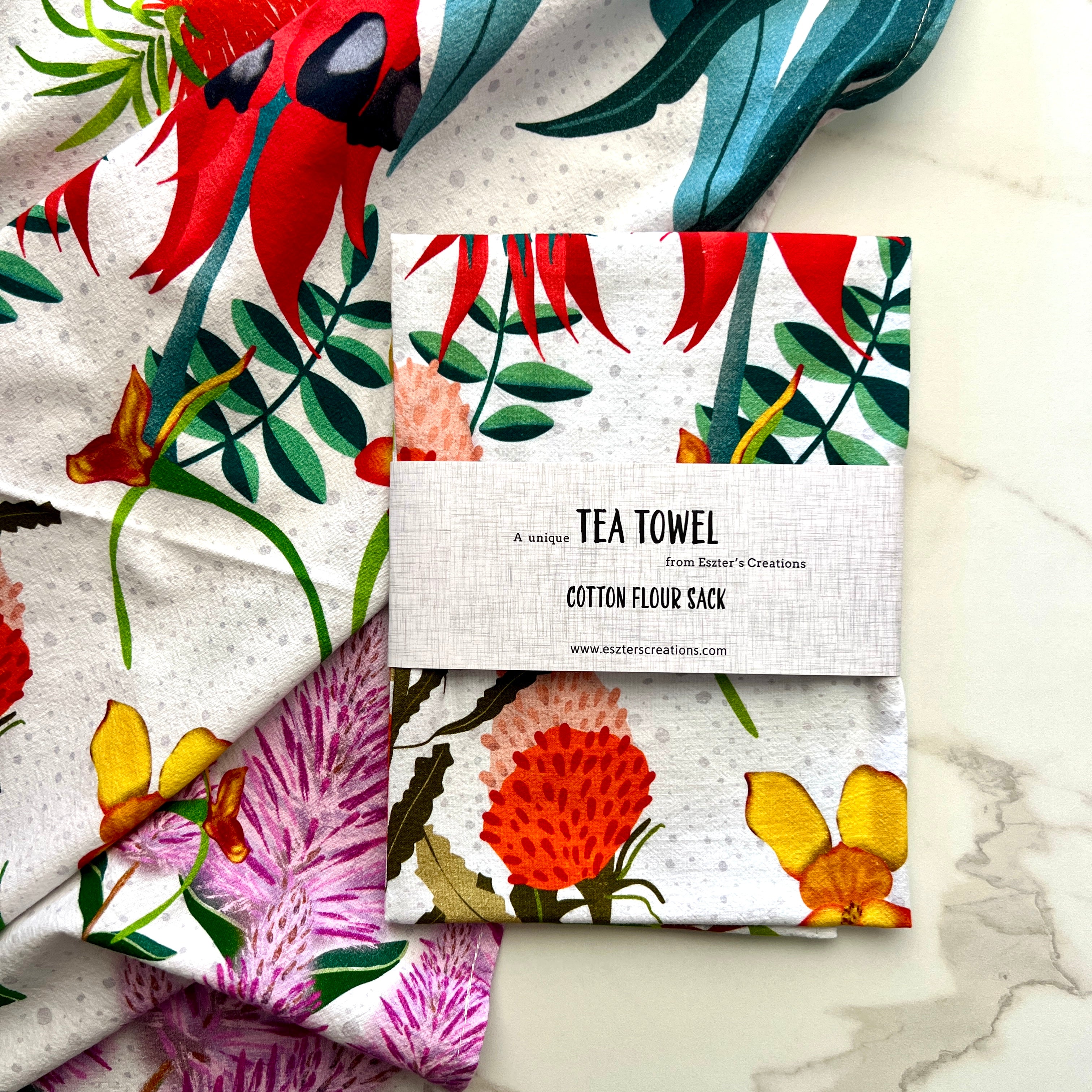 Australian wildflower tea towel featuring hand-painted native botanical watercolour art