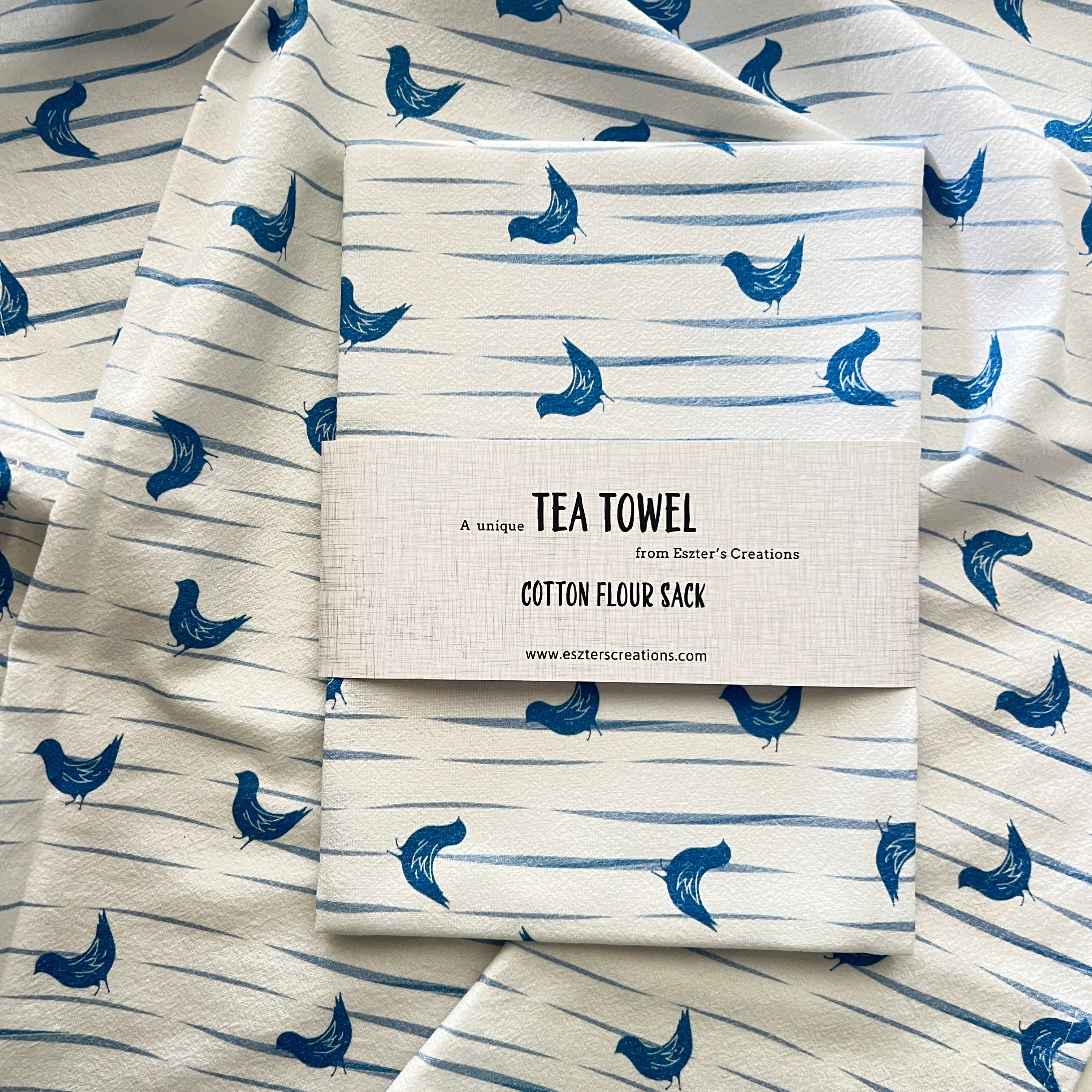 blue and white cotton teatowel by australian artist eszter's creations