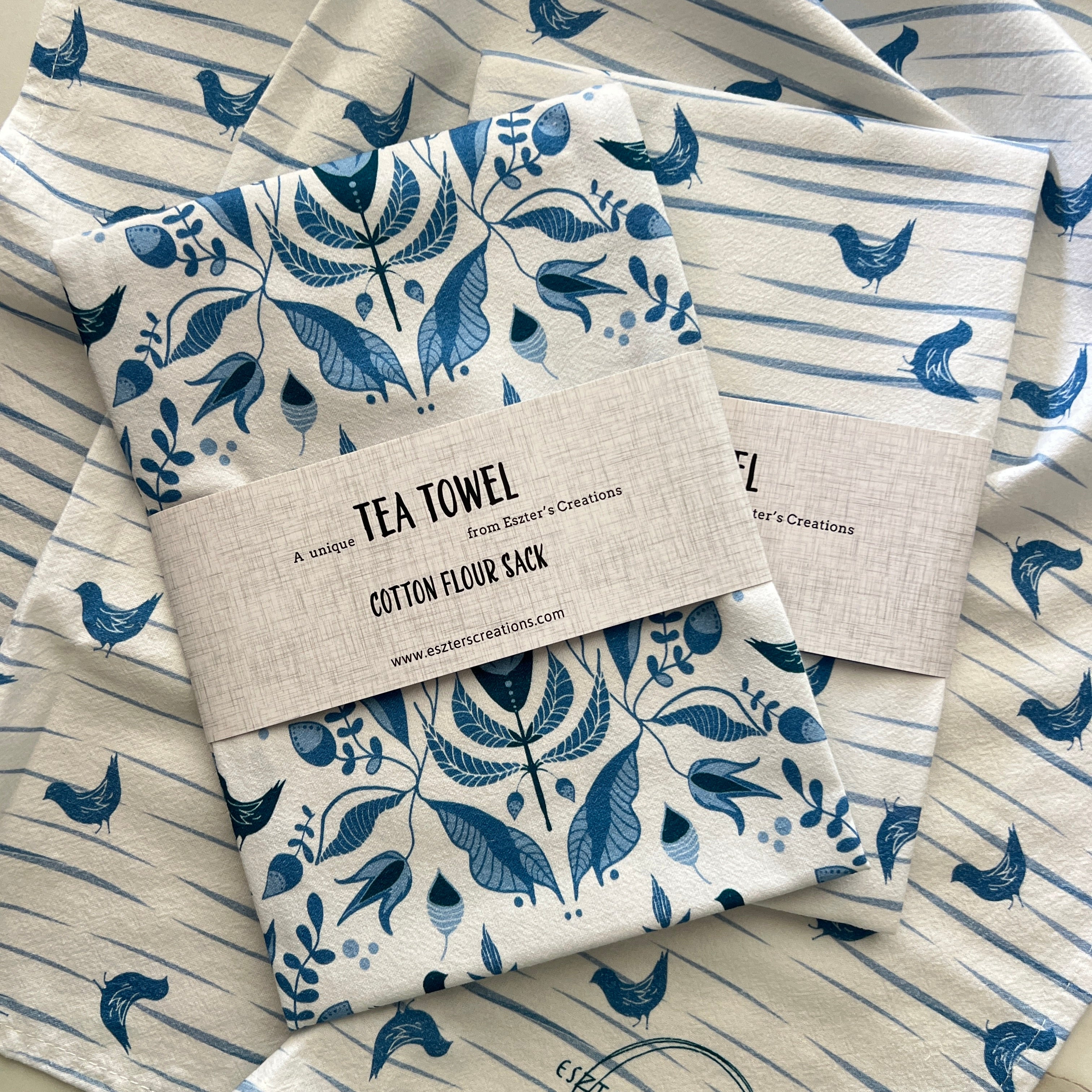 soft cotton teatowel with blue design by eszter's creations