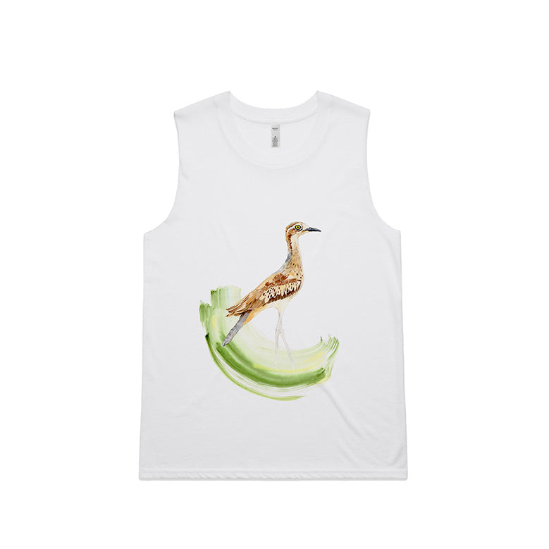 White sleeveless singlet with a curlew design on a white background