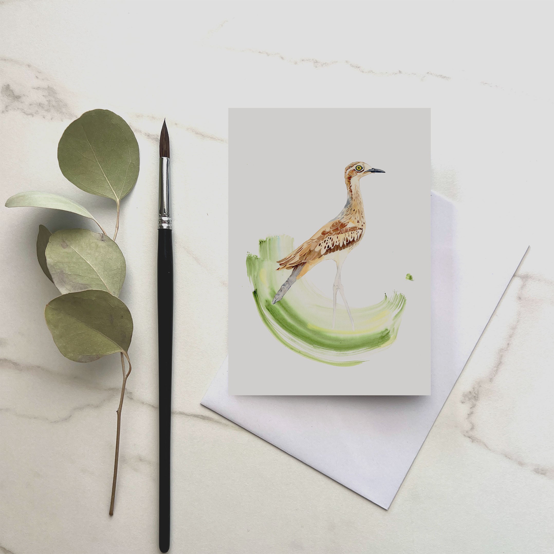 Bush Stone-curlew greeting card featuring original Australian bird watercolour art.