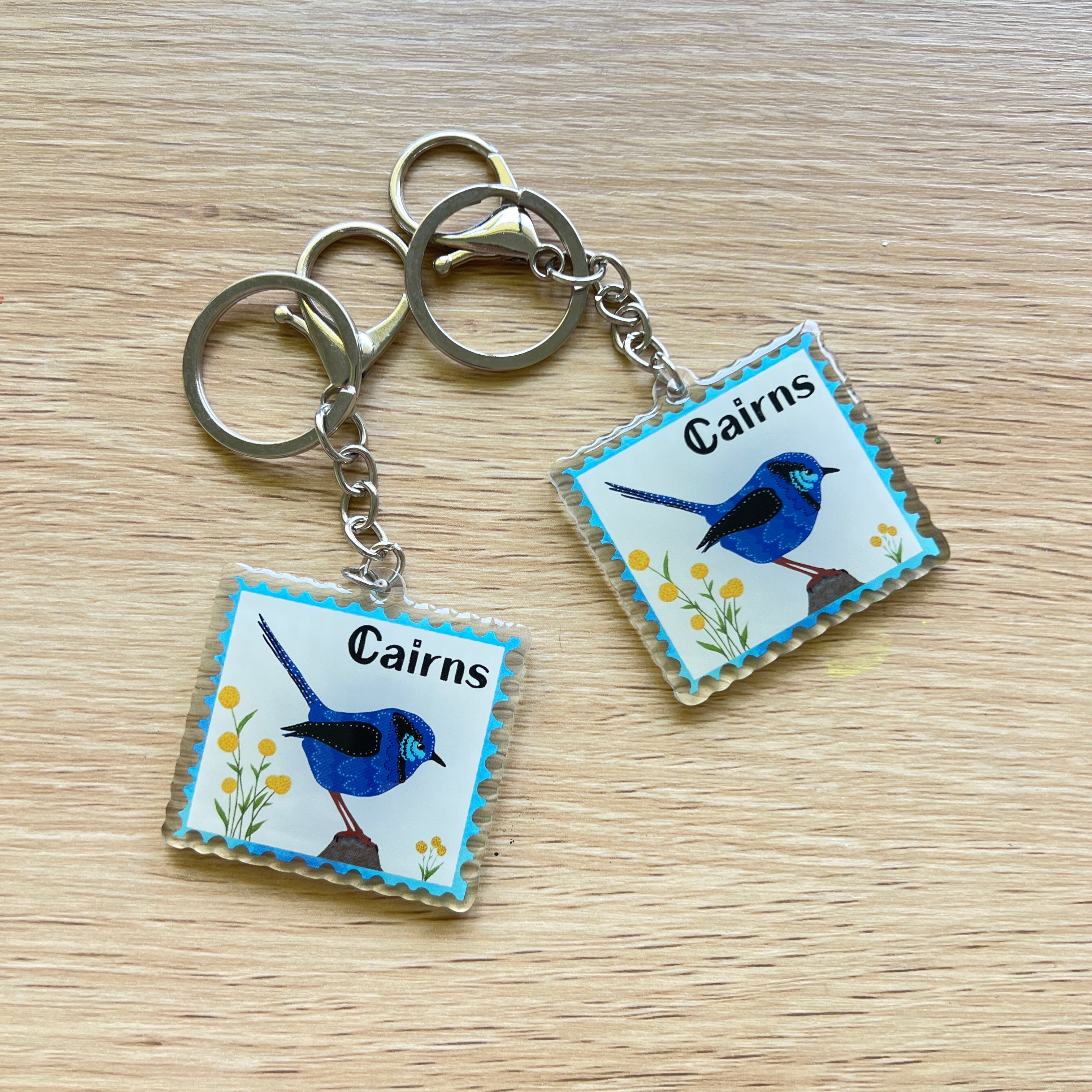 Acrylic keychain with Cairns bird featuring local artist' work.