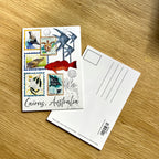 Postcard with illustrations of marine life and 'Cairns, Australia' text by local artist.