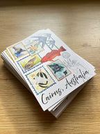 Stack of cards with postage stamp designs with north queensland animals in watercolour.