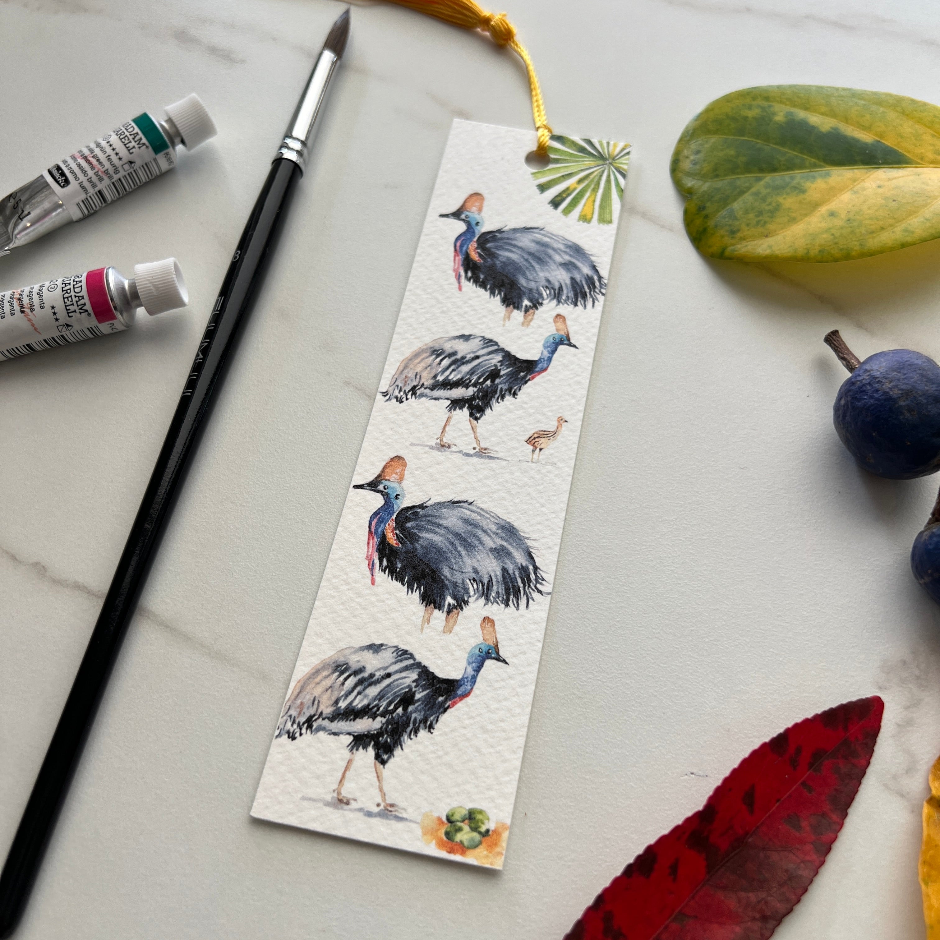 high quality bookmark with australian bird cassowary in watercolours