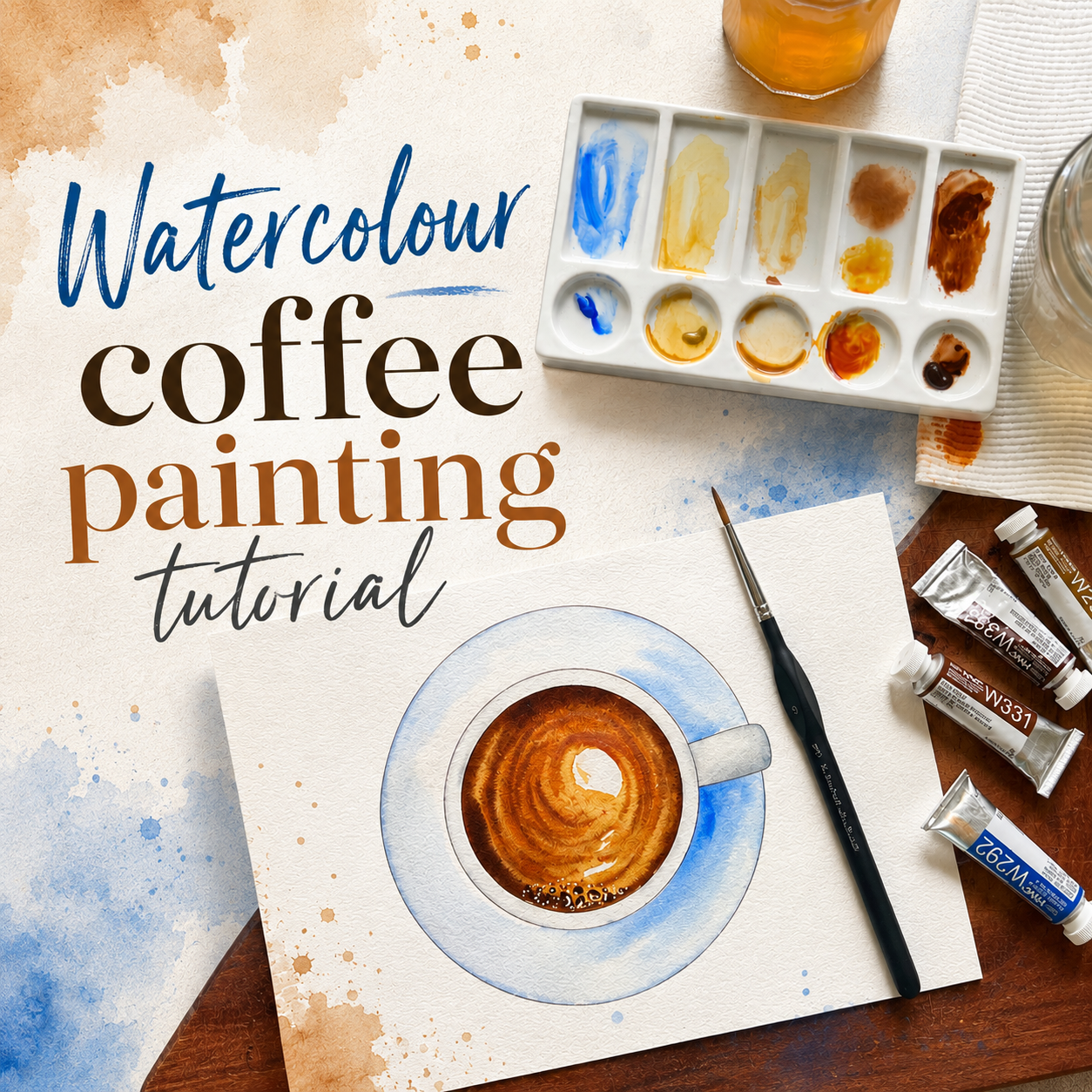 Watercolour coffee painting tutorial graphic showing a painted cup of coffee on a saucer, with a paint palette, brush, tubes of paint, and text reading 'Watercolour coffee painting tutorial' on a textured background.