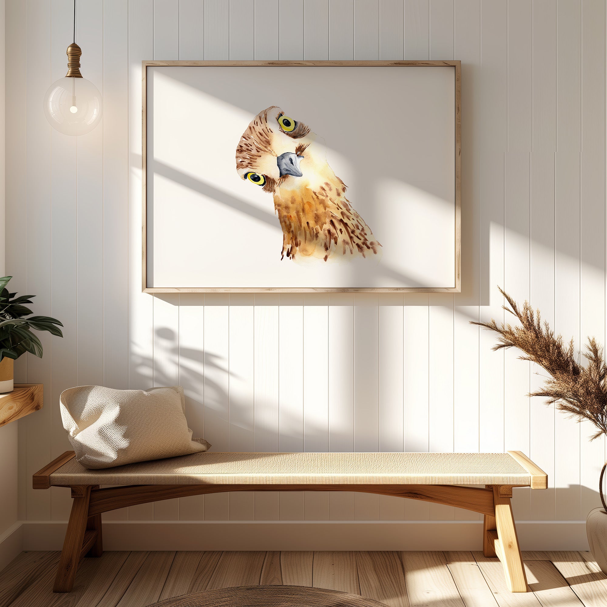 Watercolour portrait of a Bush Stone-curlew with its head slightly turned, painted in soft natural tones. The bird’s wide, expressive eyes give it a quirky, curious look.