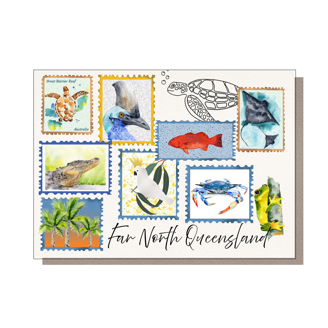far north queensland postcard with turtle, cassowary, fish, manta ray, crocodile, palm trees, cockatoo, crab, frog