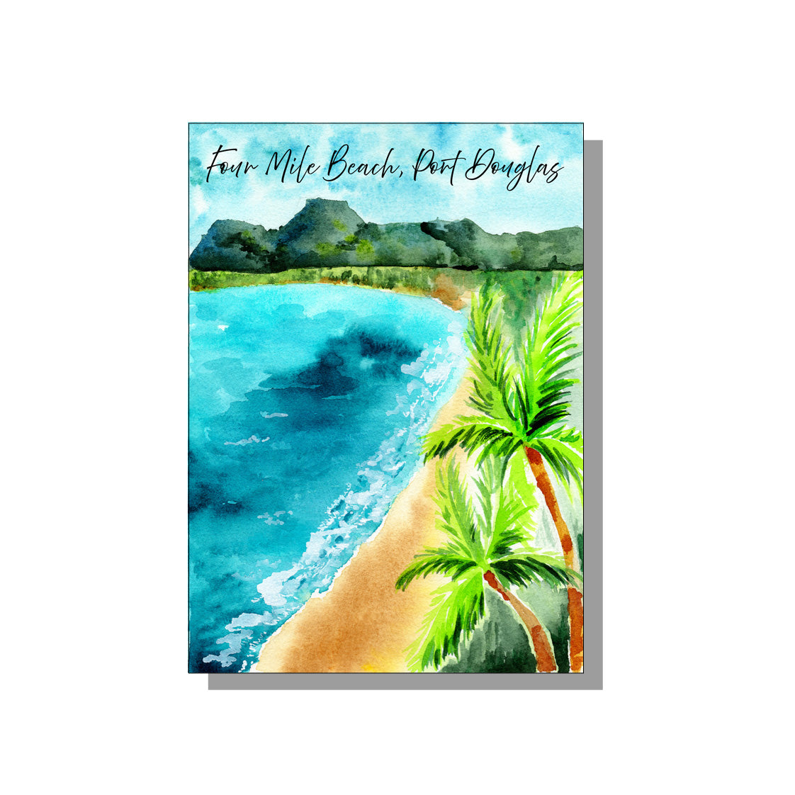 Four mile beach postcard in port douglas, sandy beach, blue skies. 