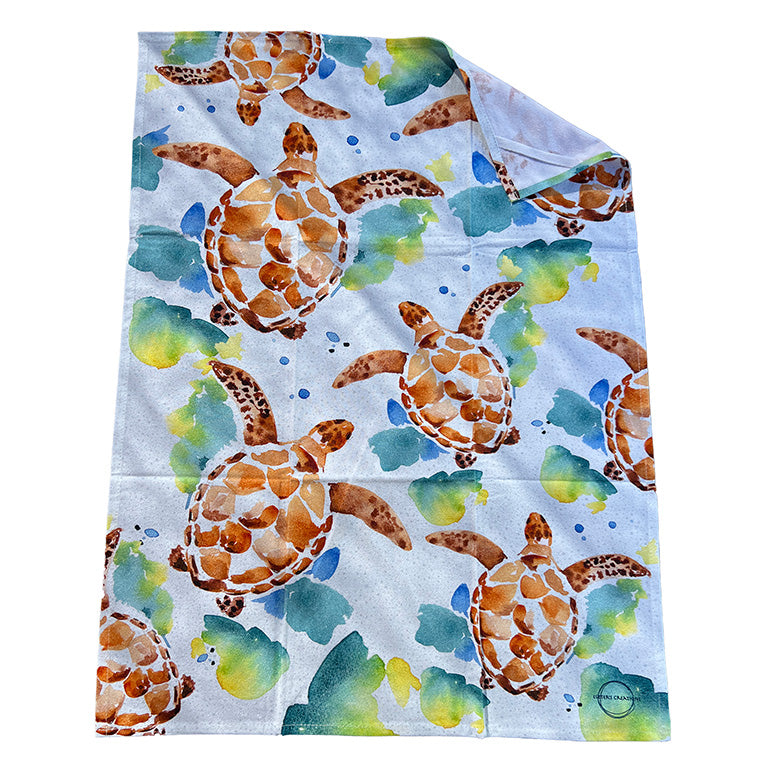 Green Turtle tea towel with Great Barrier Reef inspired watercolour sea life art.