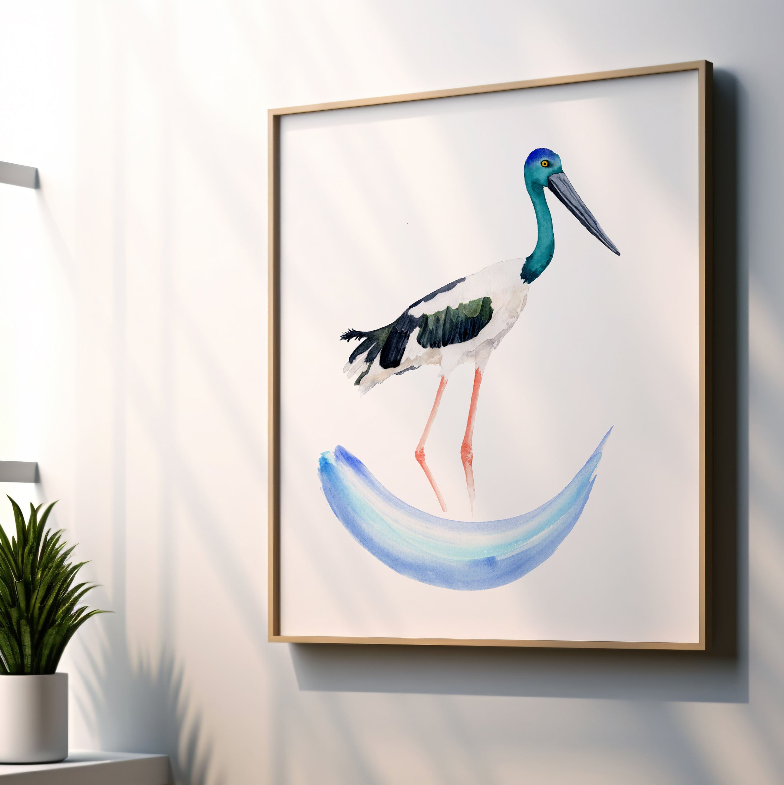 watercolour jabiru painting in a frame as wall art