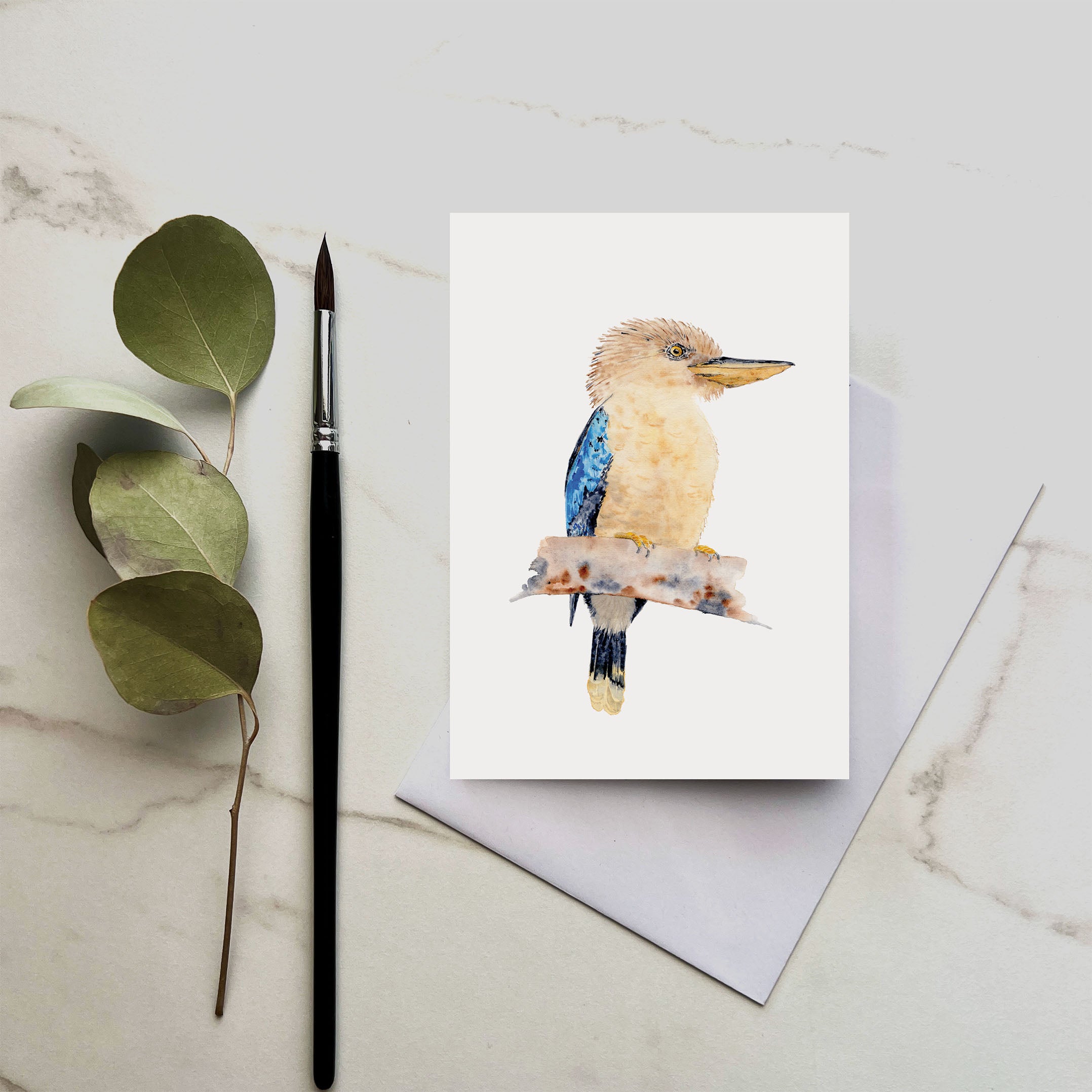 Blue-winged Kookaburra greeting card with original Australian watercolour bird artwork.