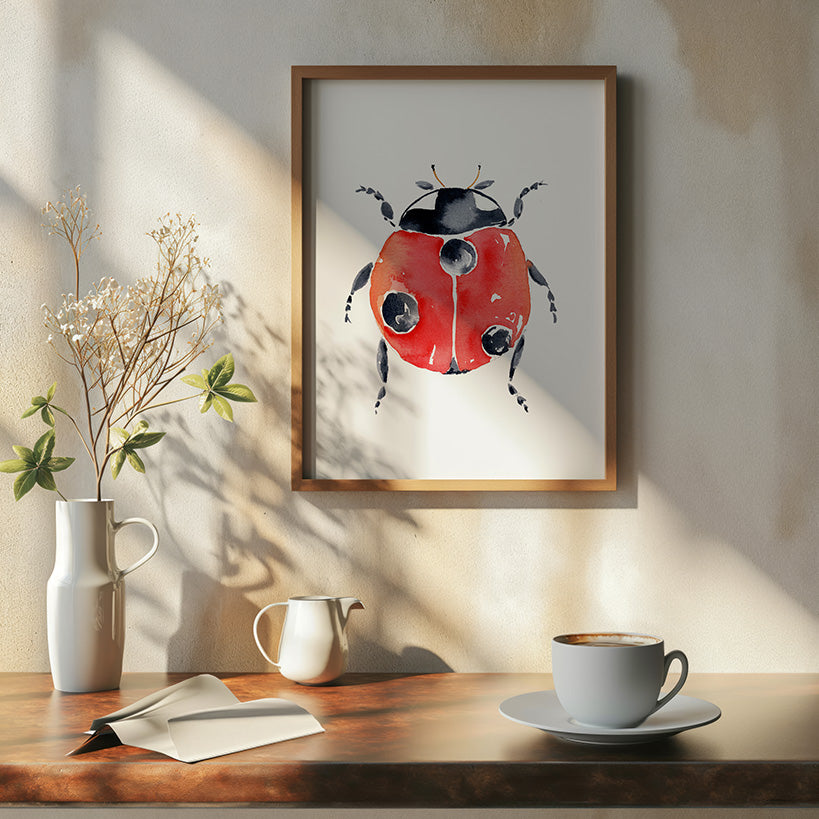 Framed artwork of a watercolor ladybug on a wall above a wooden table with a cup and saucer.