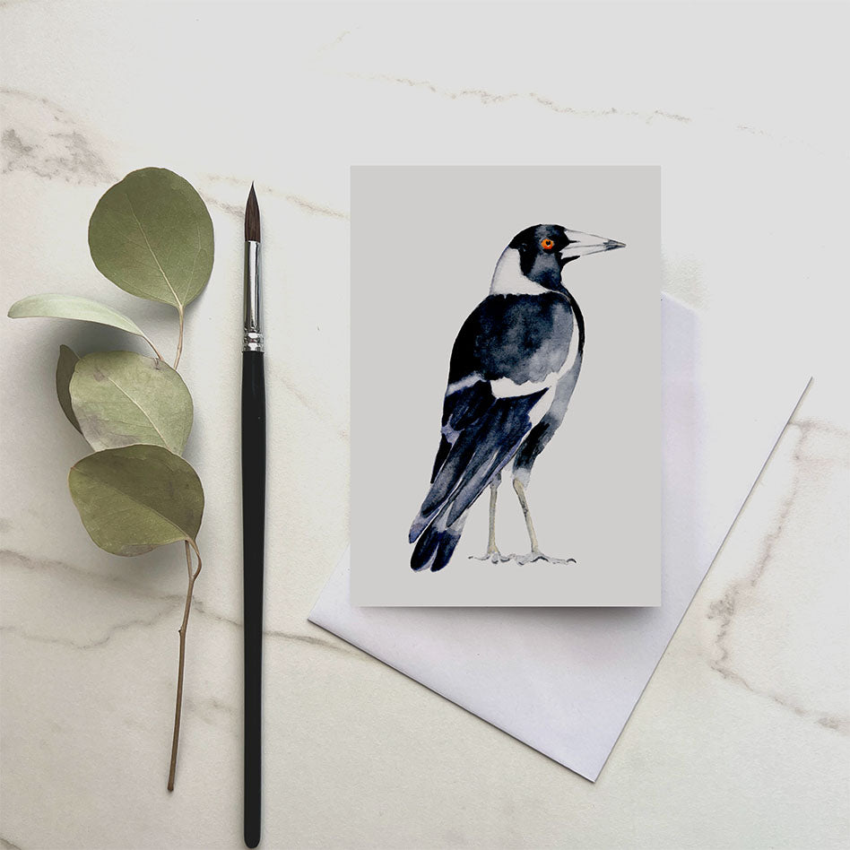 greeting card featuring watercolour australian magpie