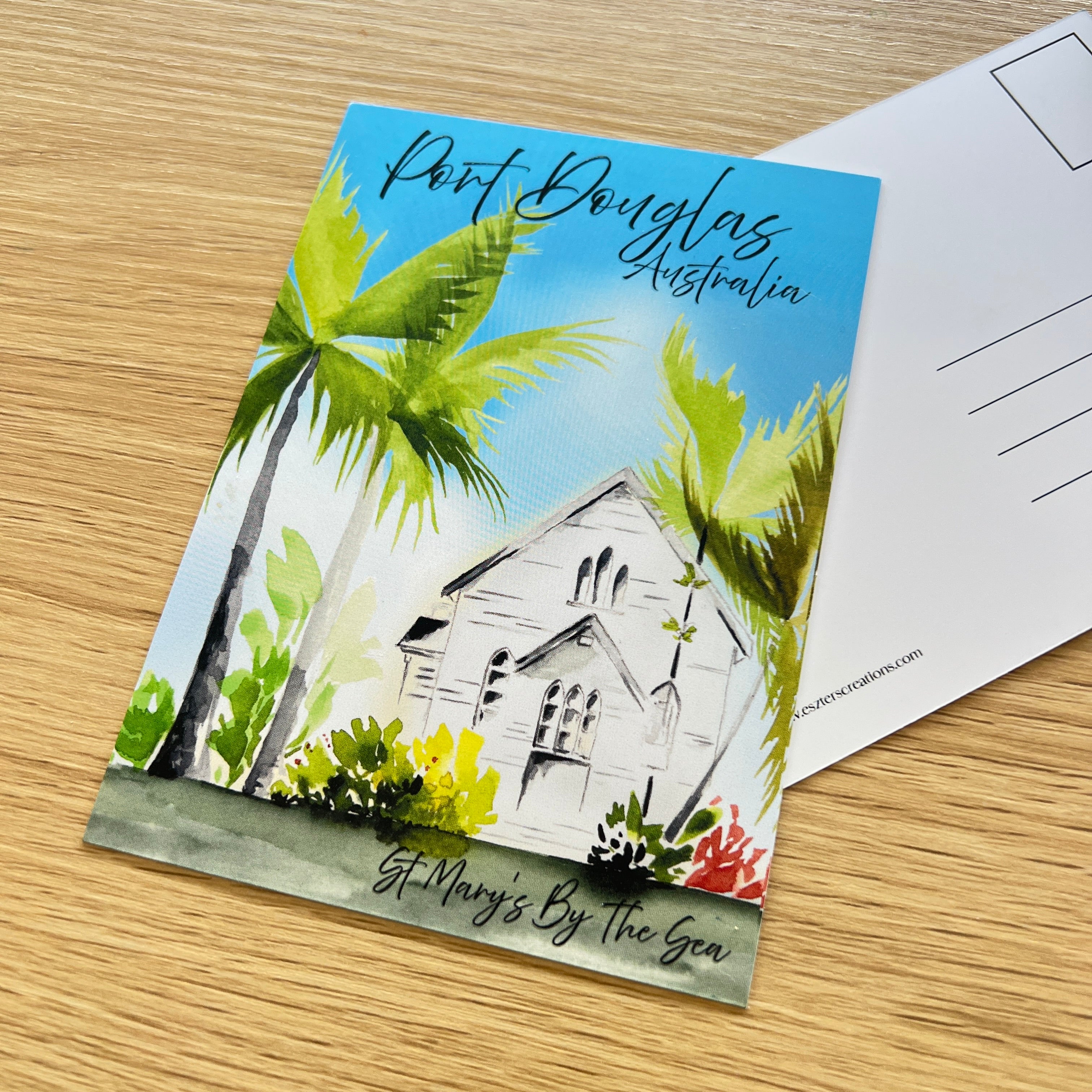 Port Douglas postcard with watercolour painting of church. 
