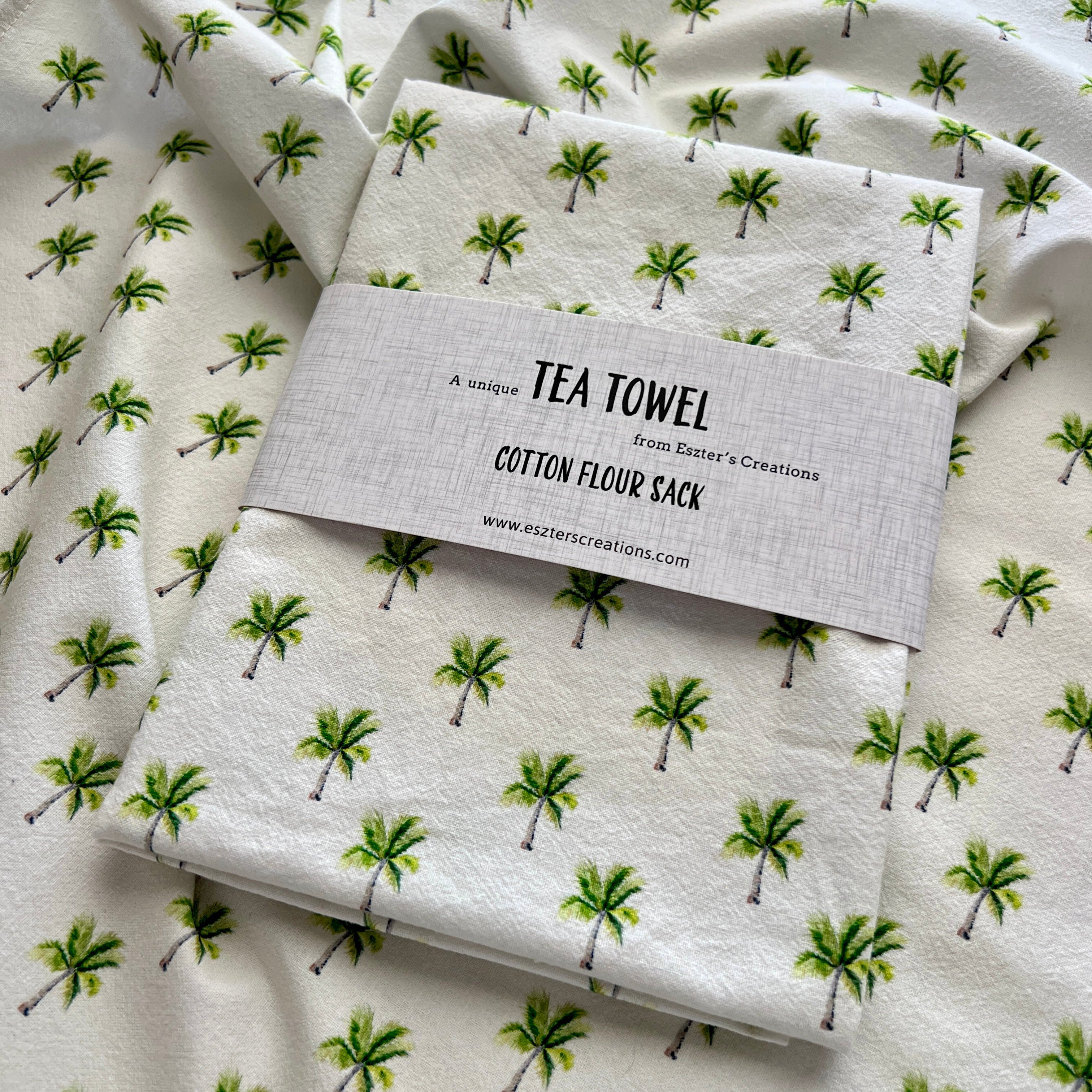 Tea towel with palm tree pattern based on original watercolour painting by Eszter Torok.