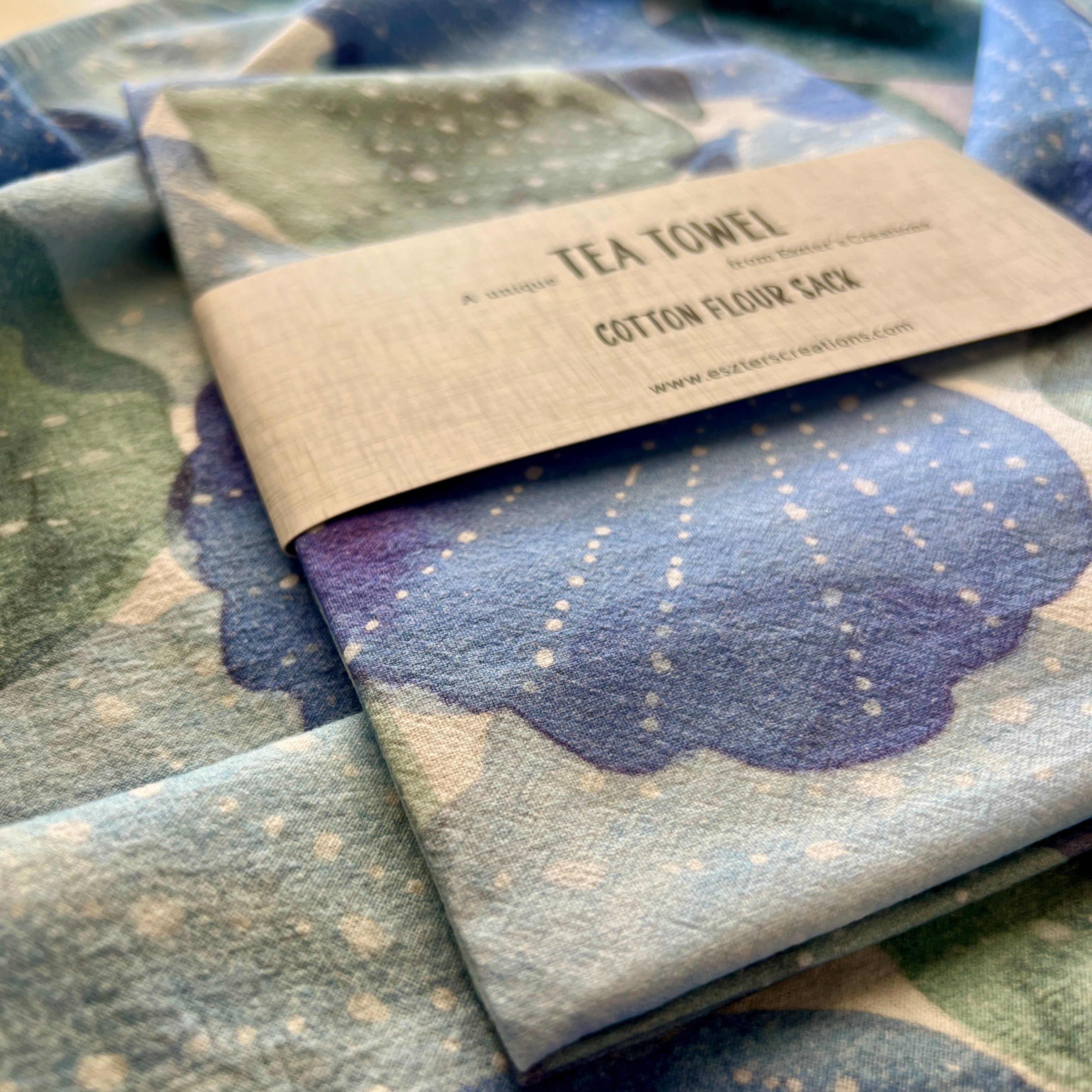 Blue sea shell cotton tea towel with belly band by australian designer eszter torok