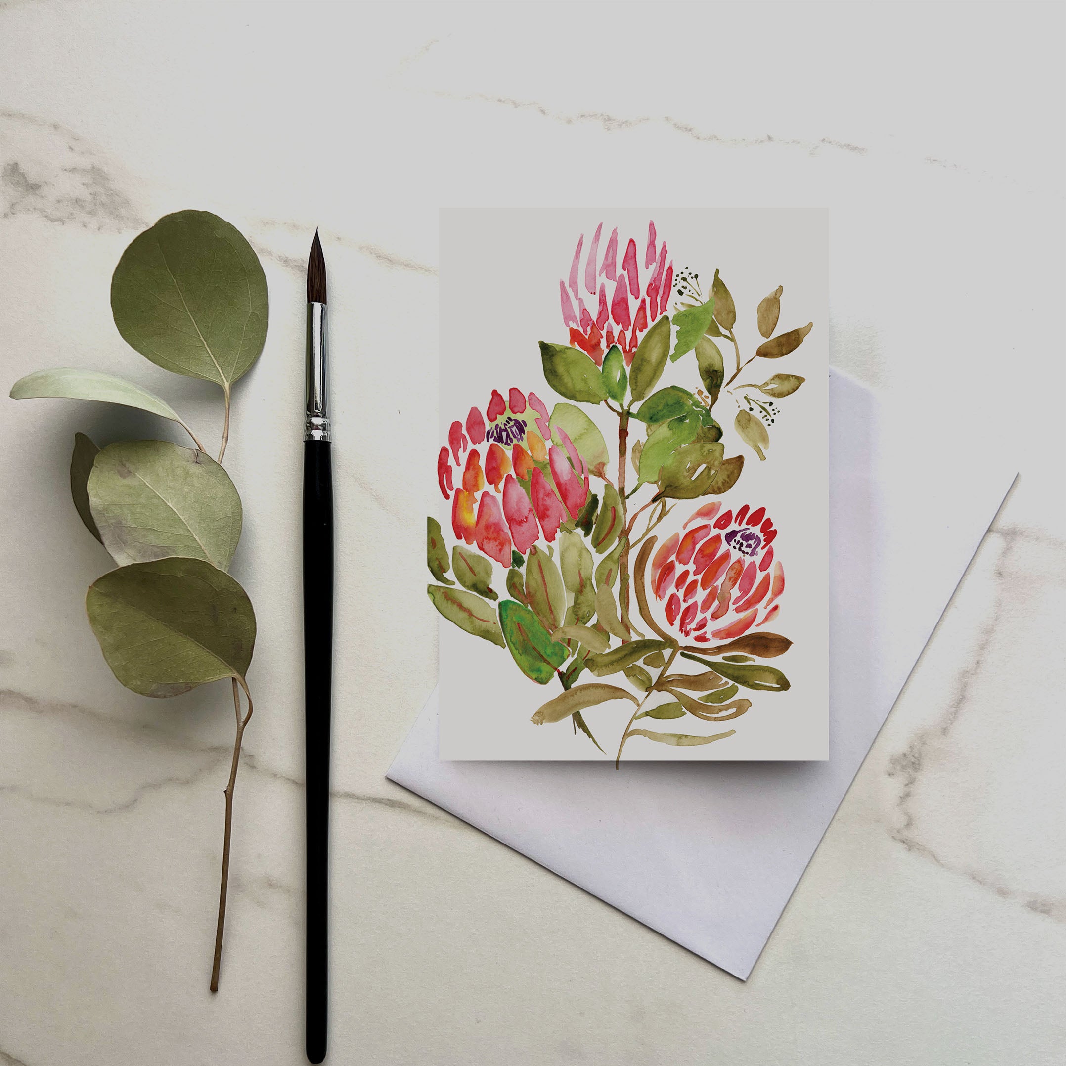 Protea greeting card with hand-painted botanical watercolour flower artwork.