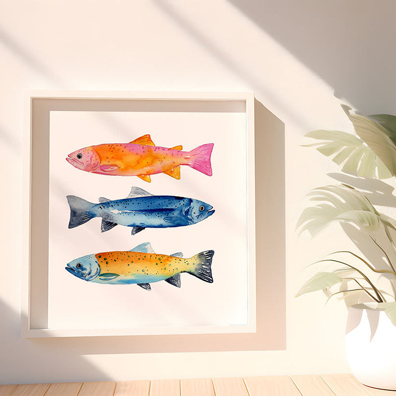 A framed watercolor art print featuring three colorful fish (orange-pink, blue, and orange-blue) on a white background, styled on a light wood floor next to a potted green plant.
