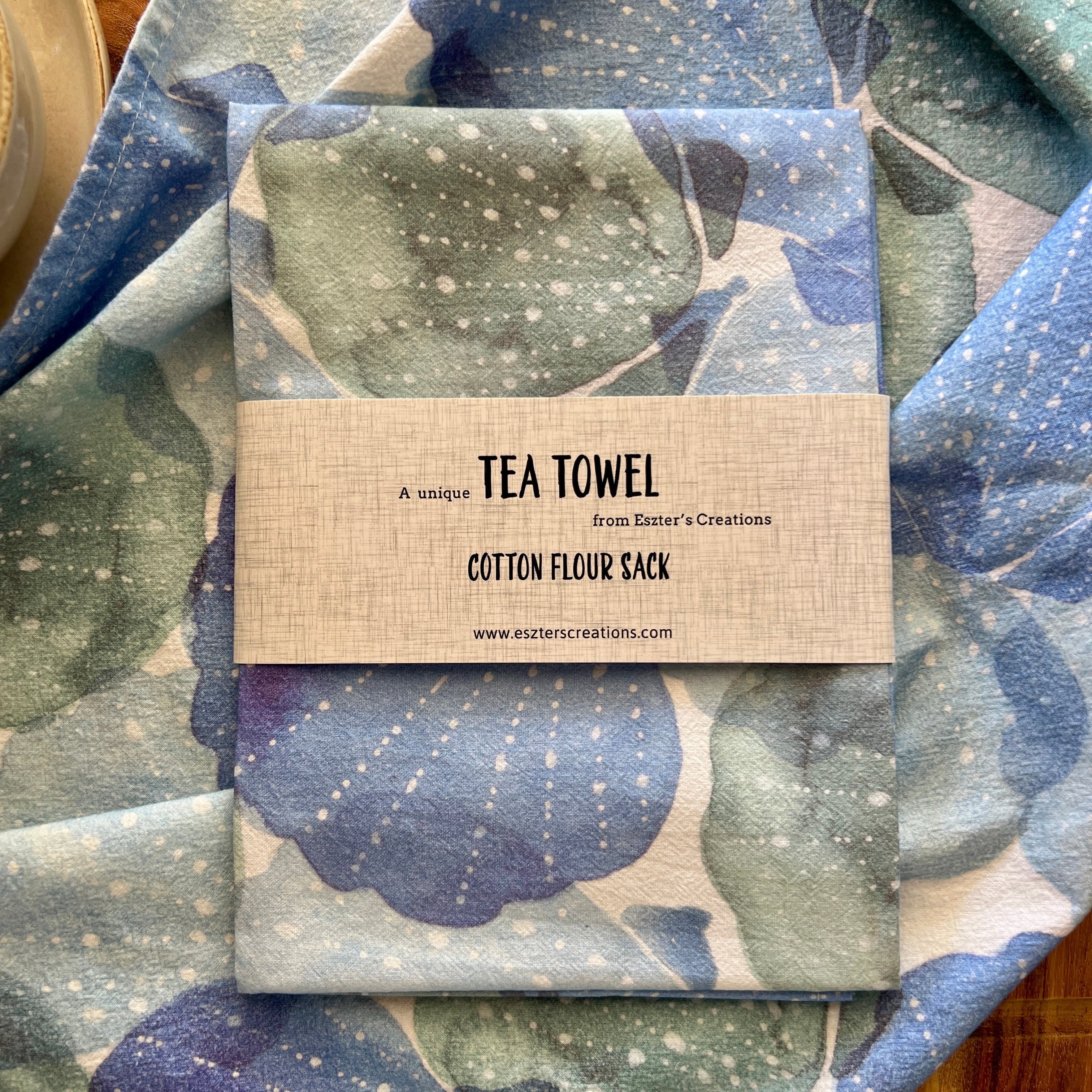 blue seashells cotton teatowel with belly band by eszter's creations