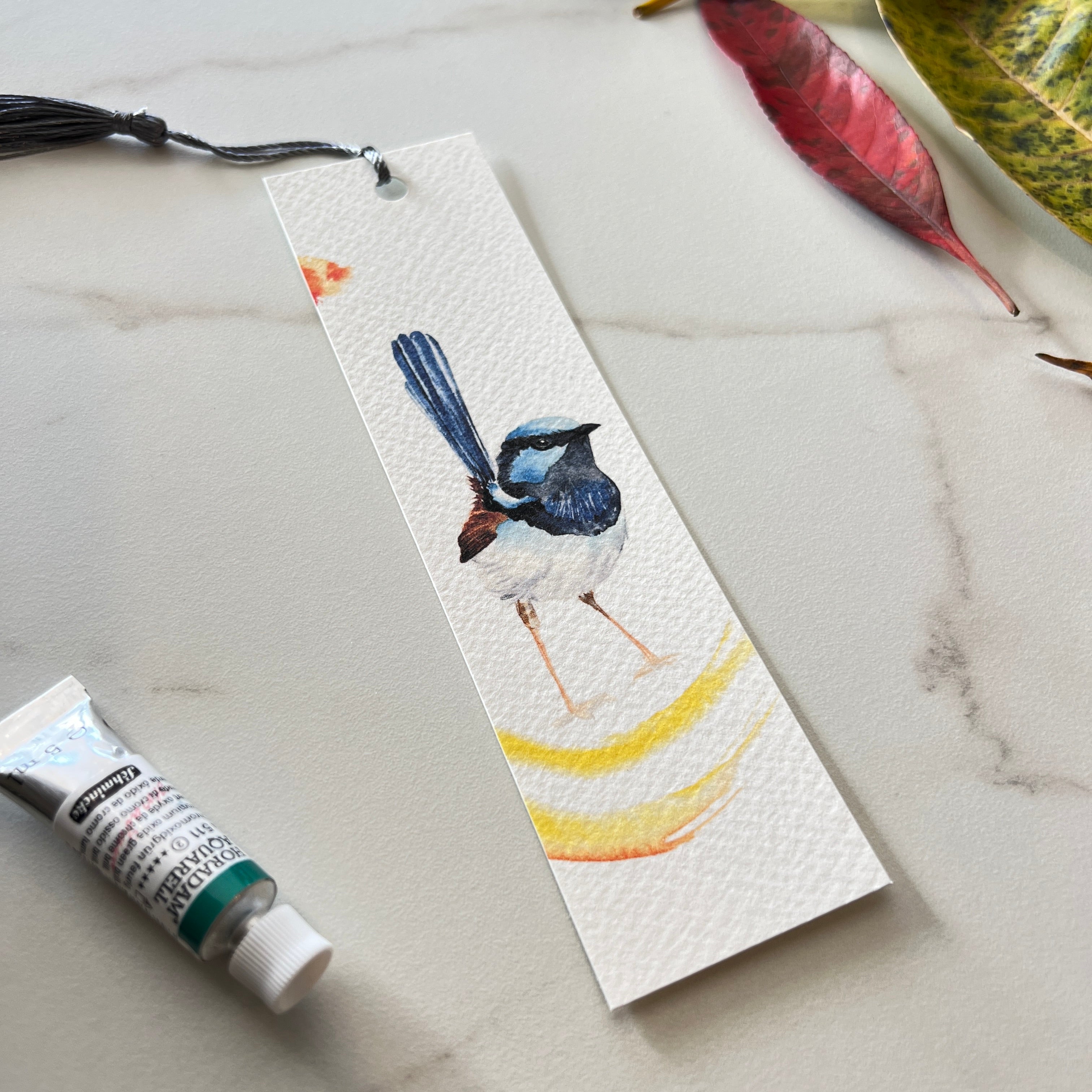 Bookmark featuring australian splendid fairy wren in watercolours by australian artist Eszter Torok