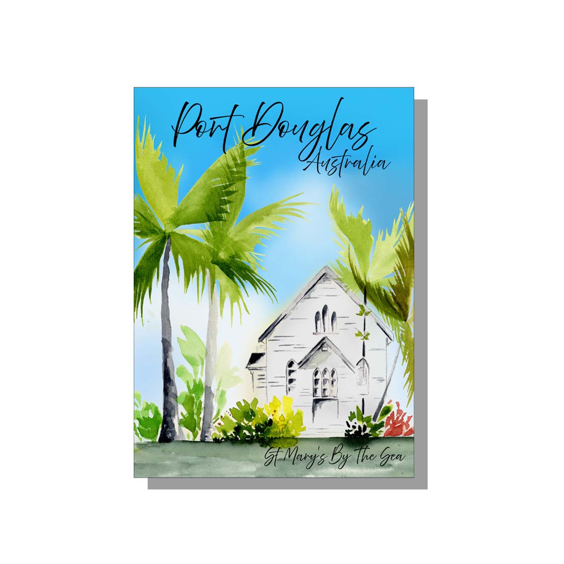 postcard featuring watercolor painting of st marys church in port douglas