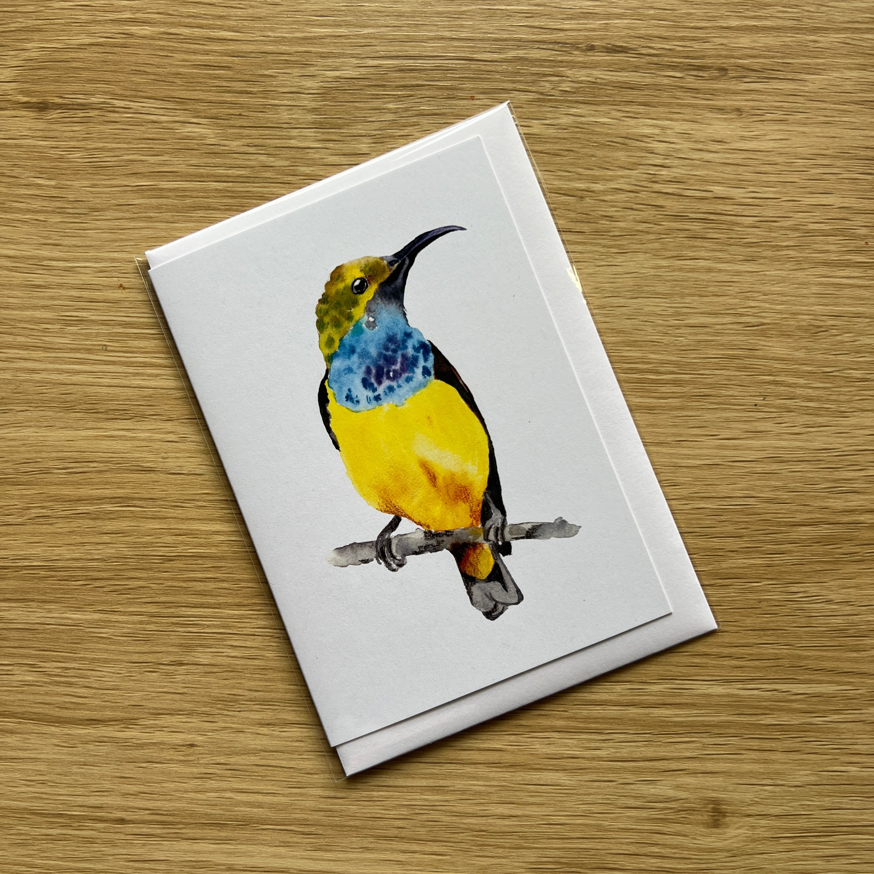 Sunbird greeting card with bright tropical watercolour bird artwork.