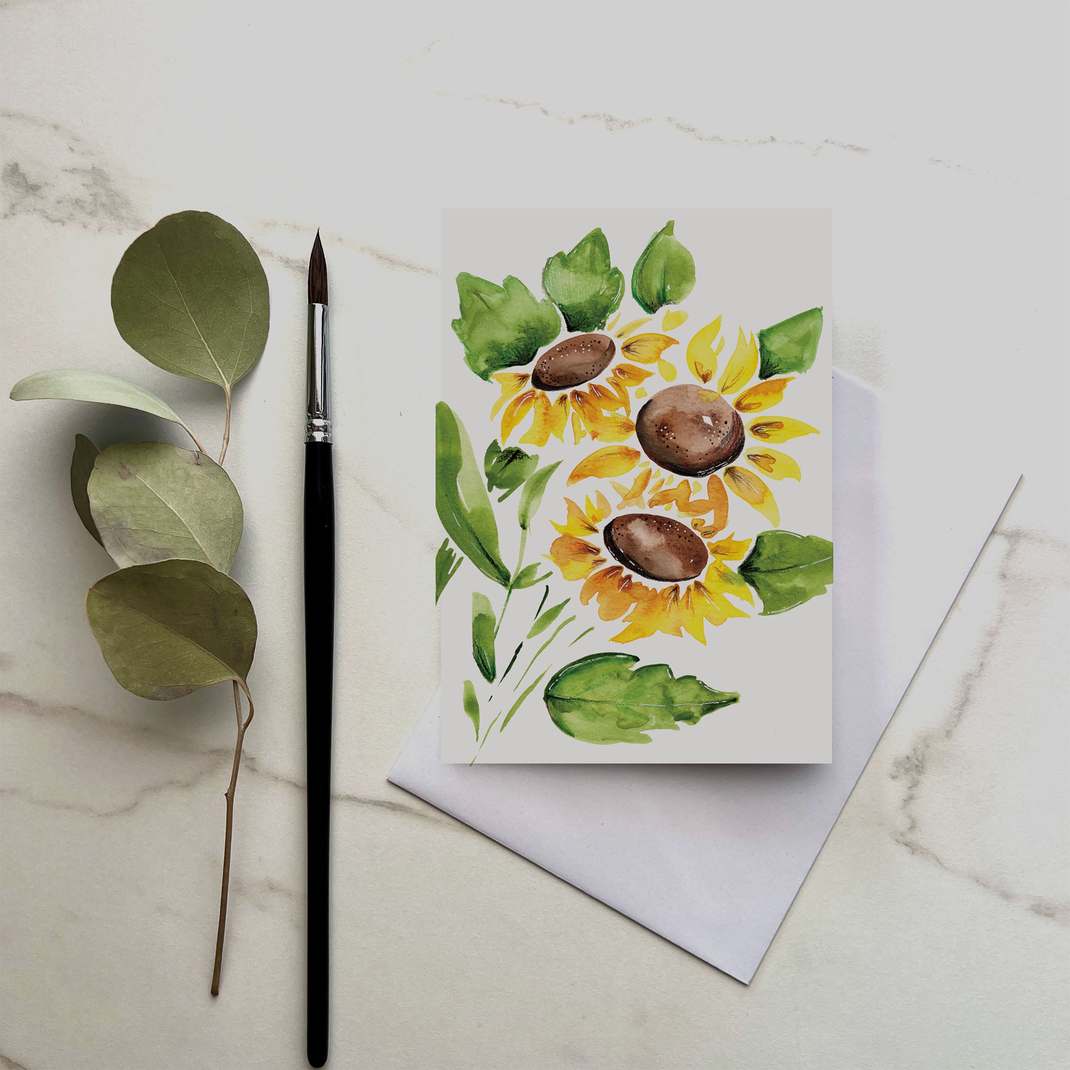 Sunflower greeting card with bright hand-painted watercolour floral artwork.