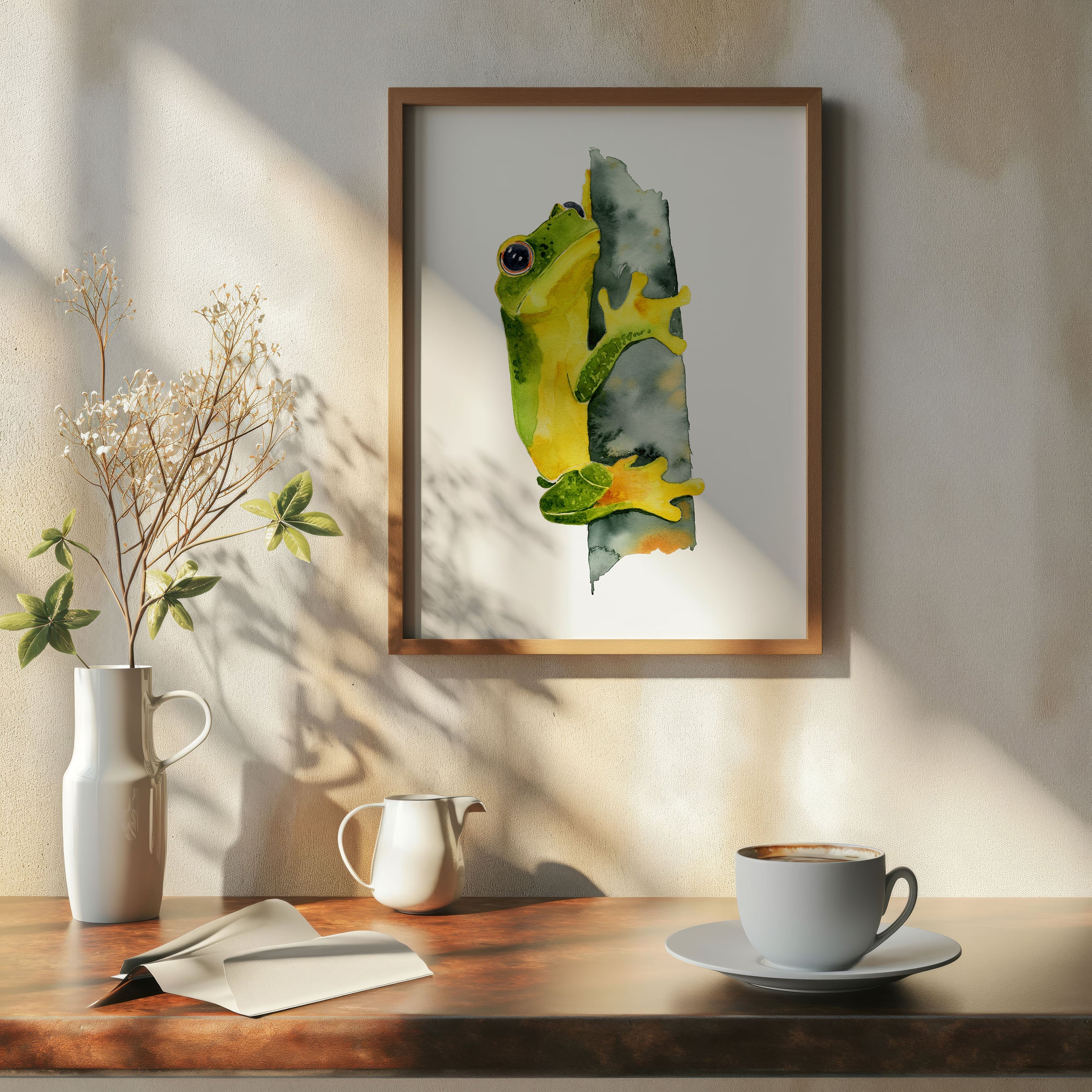 Watercolour painting of an australian tree frog.