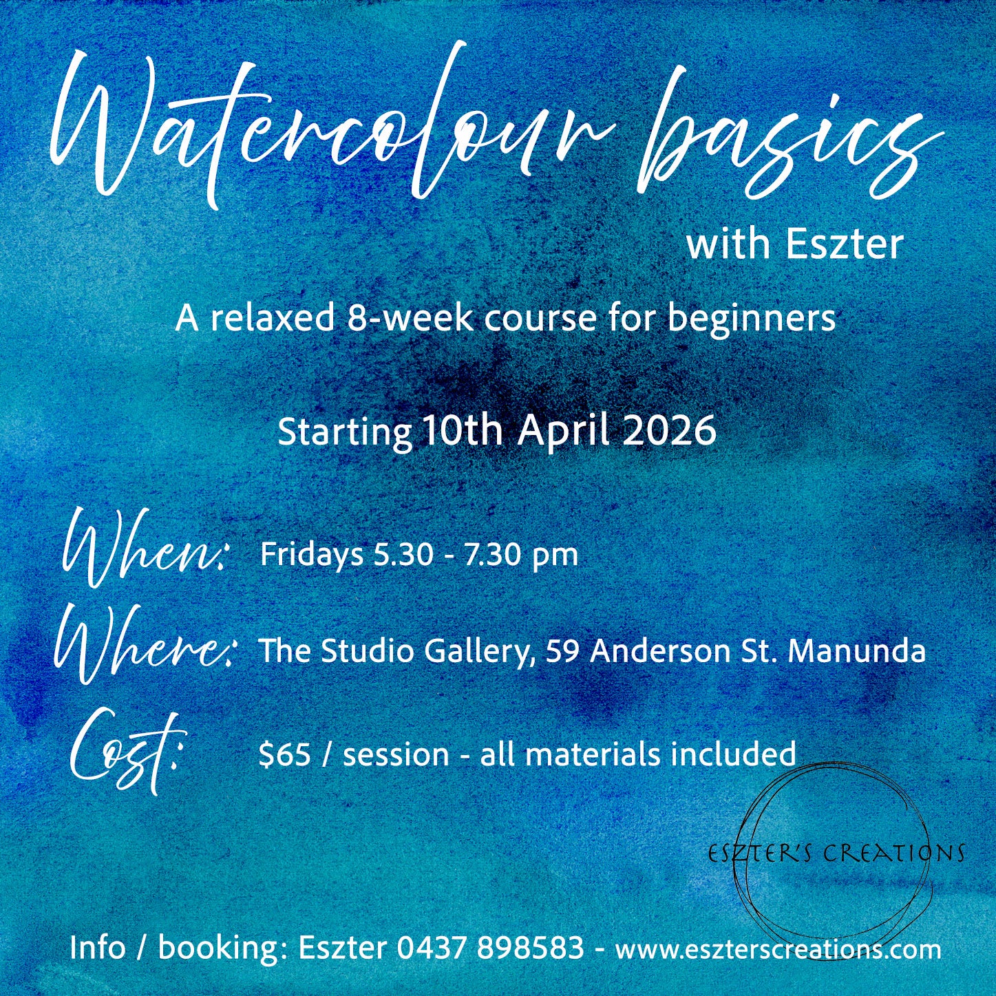 Watercolour course advertisement for Cairns locals by Eszter's Creations. 